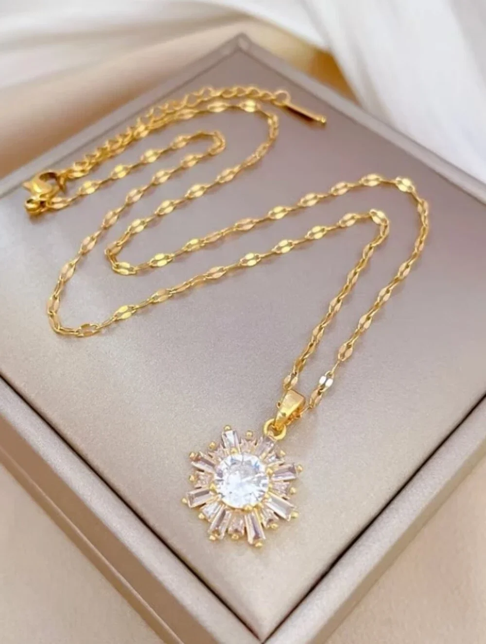 NEW! 14k Gold Plated Elegant CZ Sunburst Pendant Necklace- Women's Jewelry